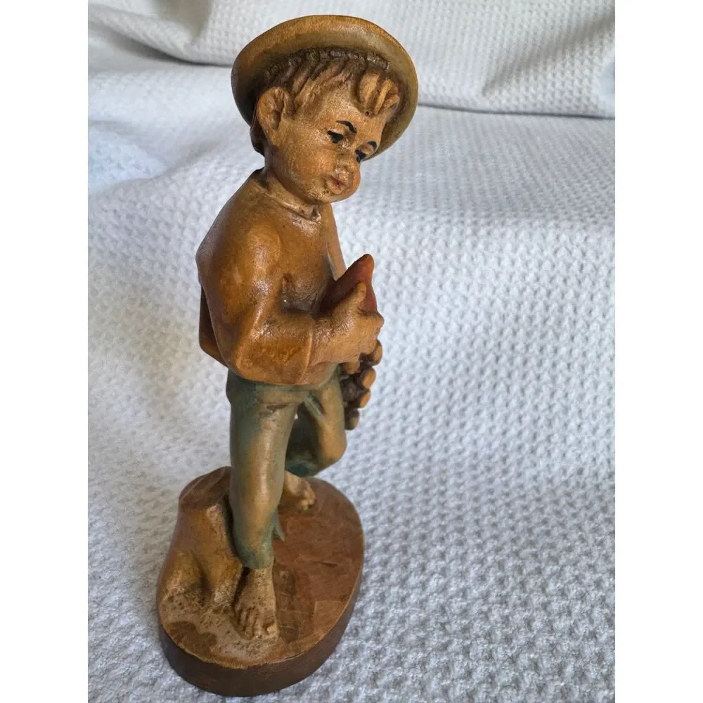 A Senoner Tinderla Hand Carved Wood Boy Figurine Grapes Pear Ortisei Italy